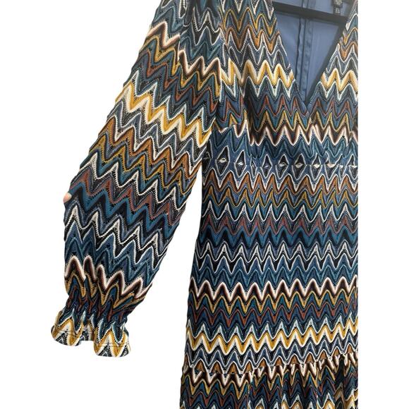 NWT Donna Morgan Nordstrom 6 Blue Rust Zig Zag Crochet Dress Poet Sleeve #5575 - Picture 5 of 16